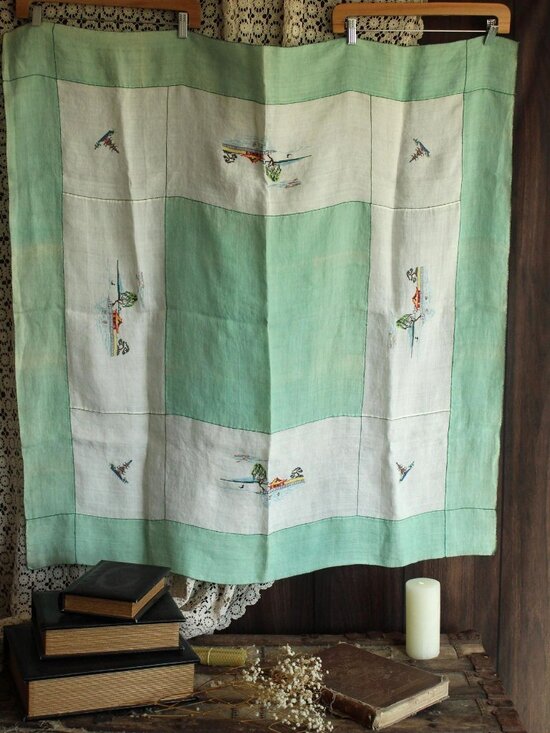 vintage Other - Vintage 1930s Tablecloth, Square Asian Pagoda Embroidered Linen